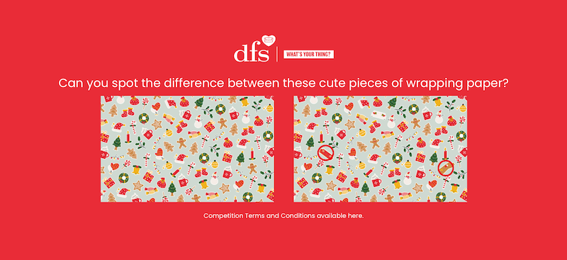 Dfs spot the difference of the wrapping paper Christmas game image.